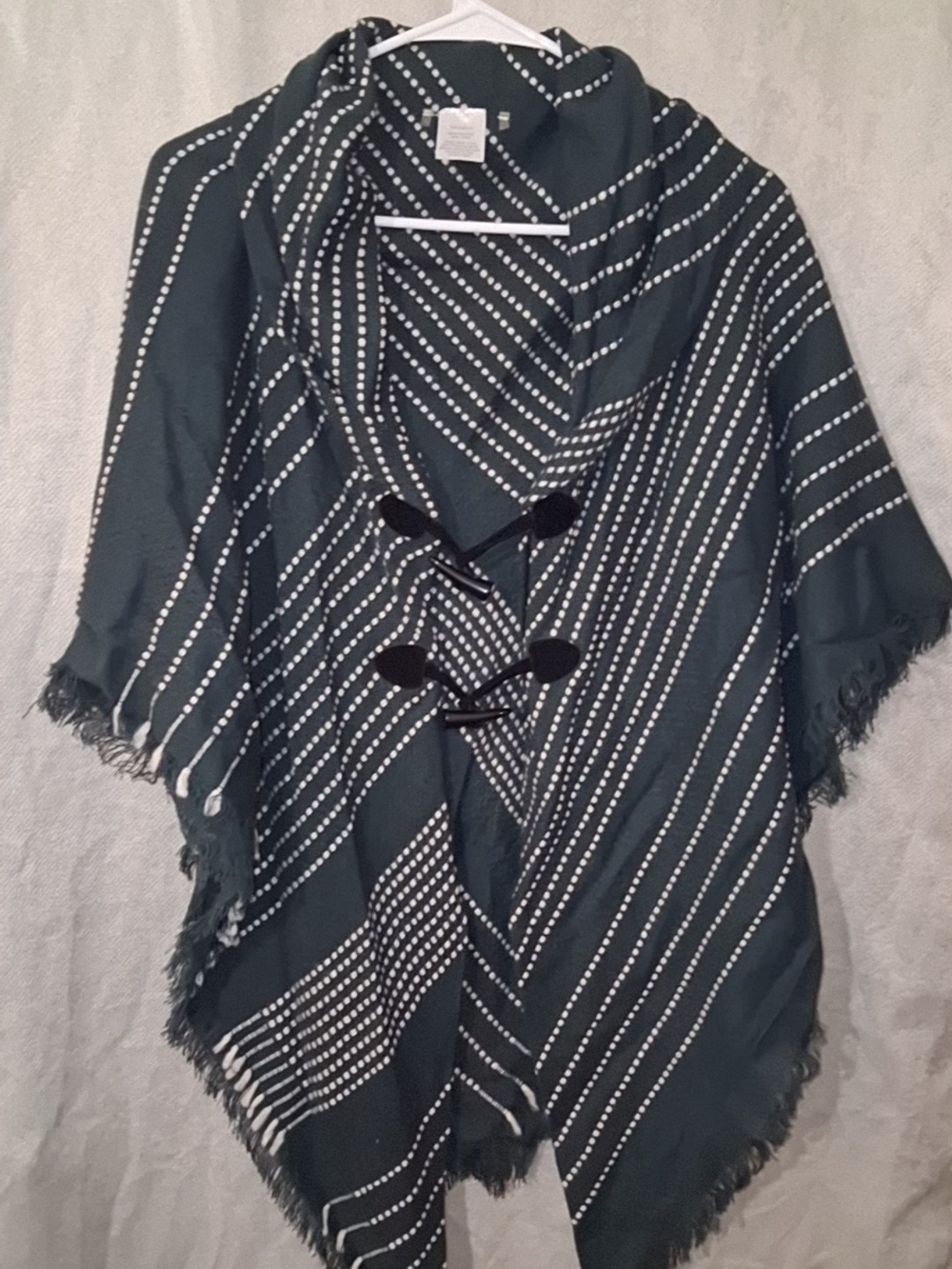 Striped Hooded Poncho Shrug in Dark Green with Ivory Dots